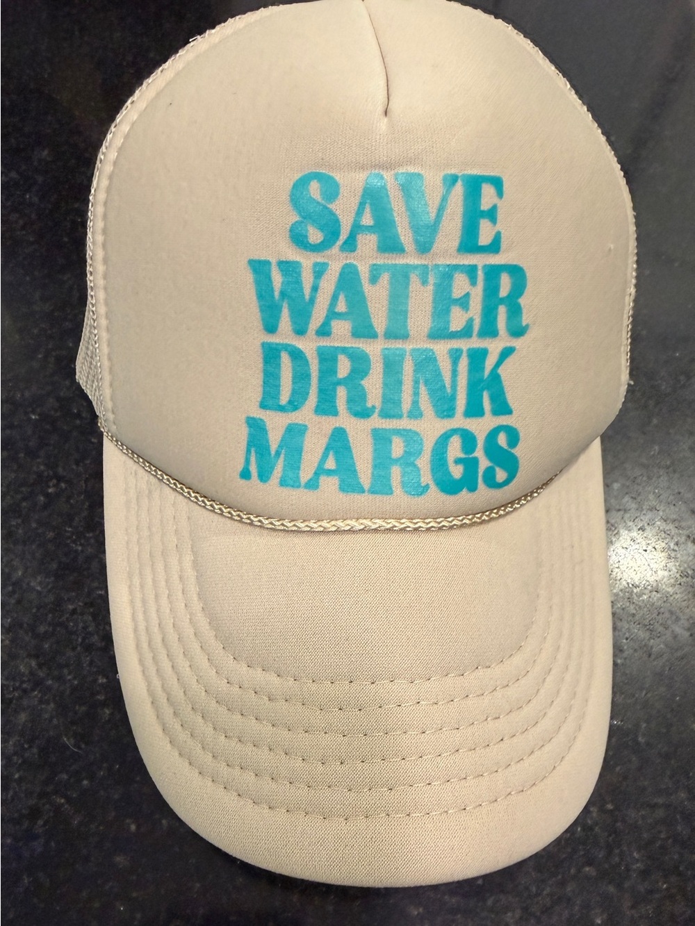 Baseball SnapBack Hat with Aqua "Save Water Drink Margs" Print